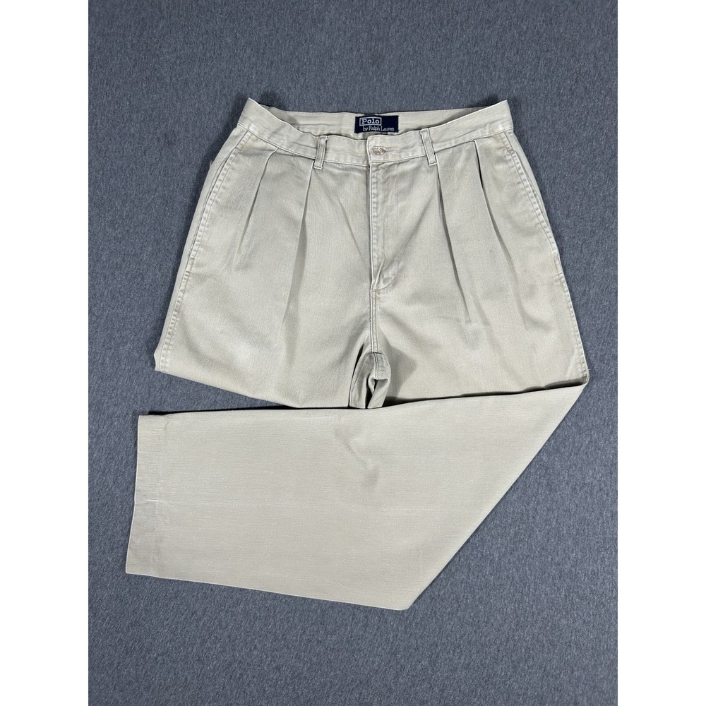 VTG Polo Ralph Lauren Men's 38x30 Khaki‎ Pleated Chino Pants 100% Cotton